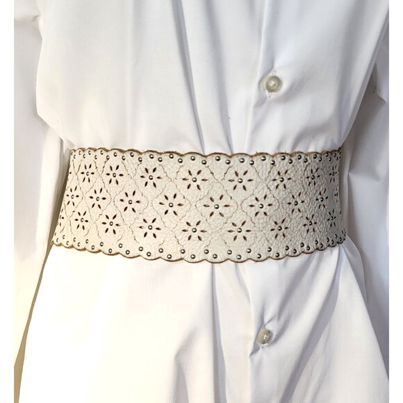 Trio of Boho Tie Back Belts White Cutout Studded Leather, Macrame and Denim main image 9